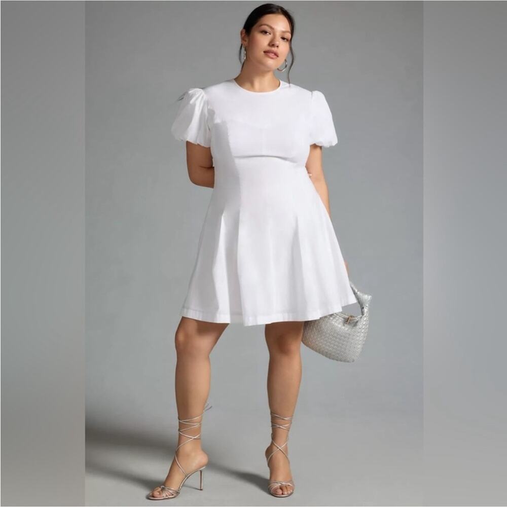 Anthropologie Maeve White Puff-Sleeve Pleated Cotton Mini Dress Size XL